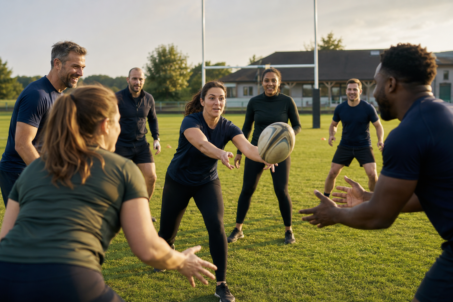Équipe d’entreprise participant à un exercice collectif de rugby